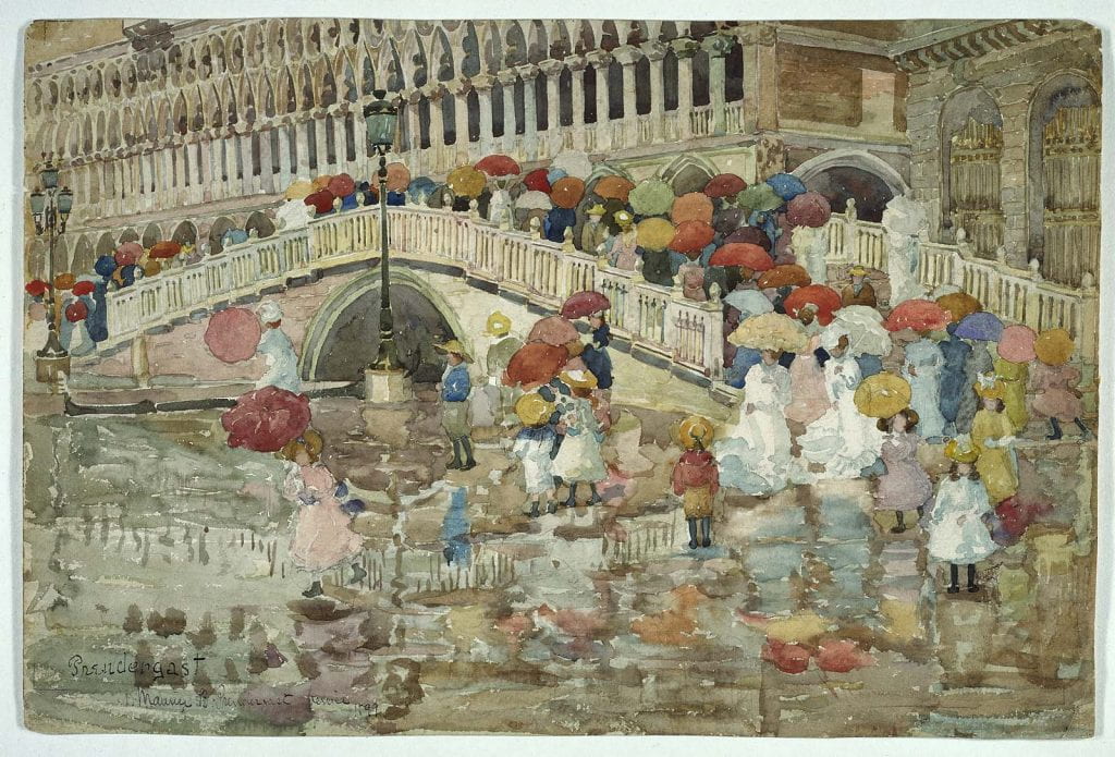 1899 watercolor of crowd with umbrellas