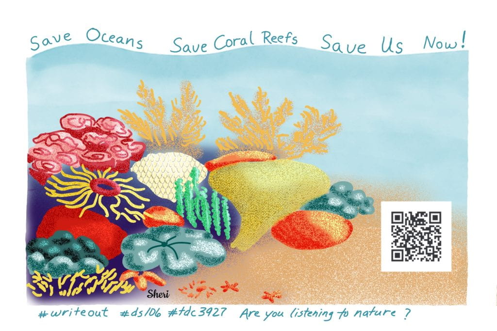 illustration of coral reef "Save oceans, save coral reefs, save us now."