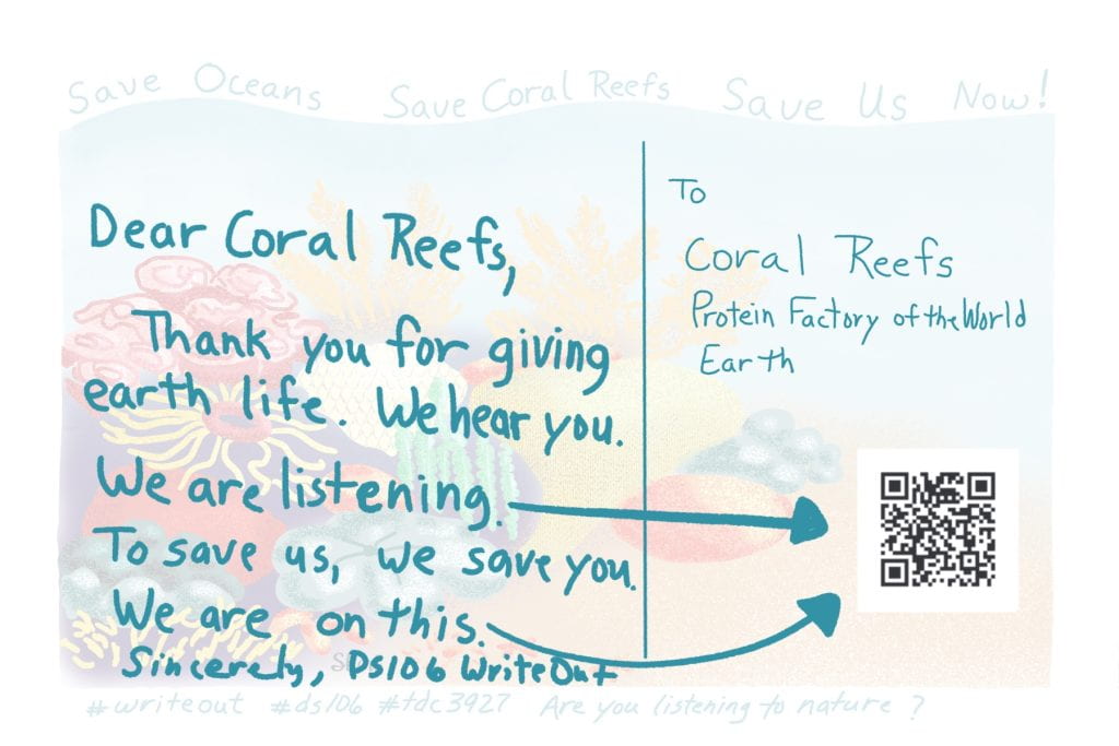 Dear Coral Reefs,
Thank you for giving earth life. We hear you. We are listening. To save us, we save you. We are on this! Sincerely, DS106 WriteOut
